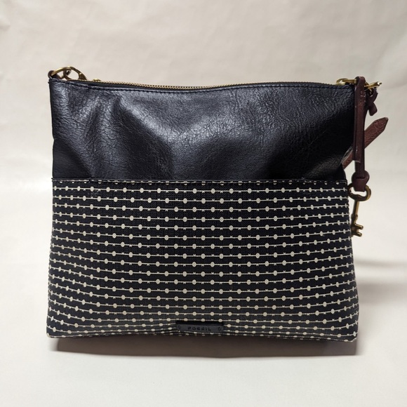 Fossil Handbags - Fossil Crossbody Bag Black Leather & Patterned Fabric | Adjustable Strap